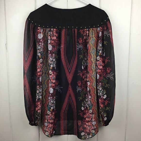 Bisou Bisou Peasant Blouse Black & Red Floral Boho Ties, Size  Medium - Picture 7 of 8